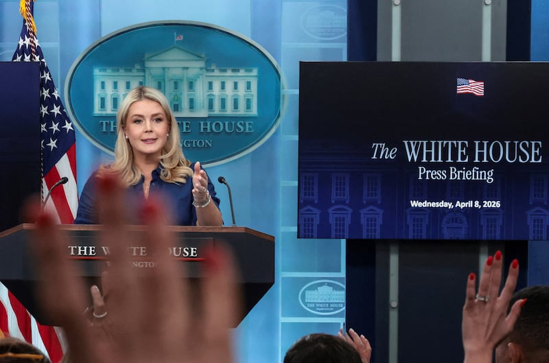 U.S. White House Press Secretary Karoline Leavitt takes questions from the media during a press briefing in the James S. Brady Press Briefing Room at the White House in Washington, D.C., U.S., April 8, 2026. REUTERS/Evelyn Hockstein