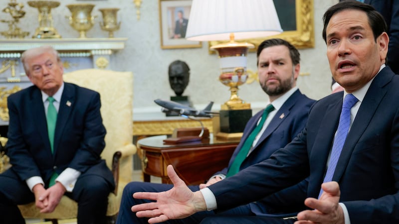 U.S. President Donald Trump, Vice President JD Vance and Secretary of State Marco Rubio take part in a meeting with Irish Taoiseach (Prime Minister) Micheal Martin at the White House in Washington, D.C., U.S., March 17, 2026. REUTERS/Evan Vucci