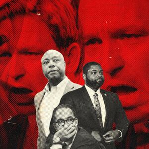 A photo illustration featuring Tim Scott, Byron Donalds and Will Hurd surrounded by Ron DeSantis