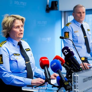 Head of the Joint Unit for Investigation and Intelligence Frode Larsen, and Head of the Joint Unit for Operational Service Grete Lien Metlid, give a brief during the press conference in connection with the explosion at the U.S. Embassy, in Oslo, Norway