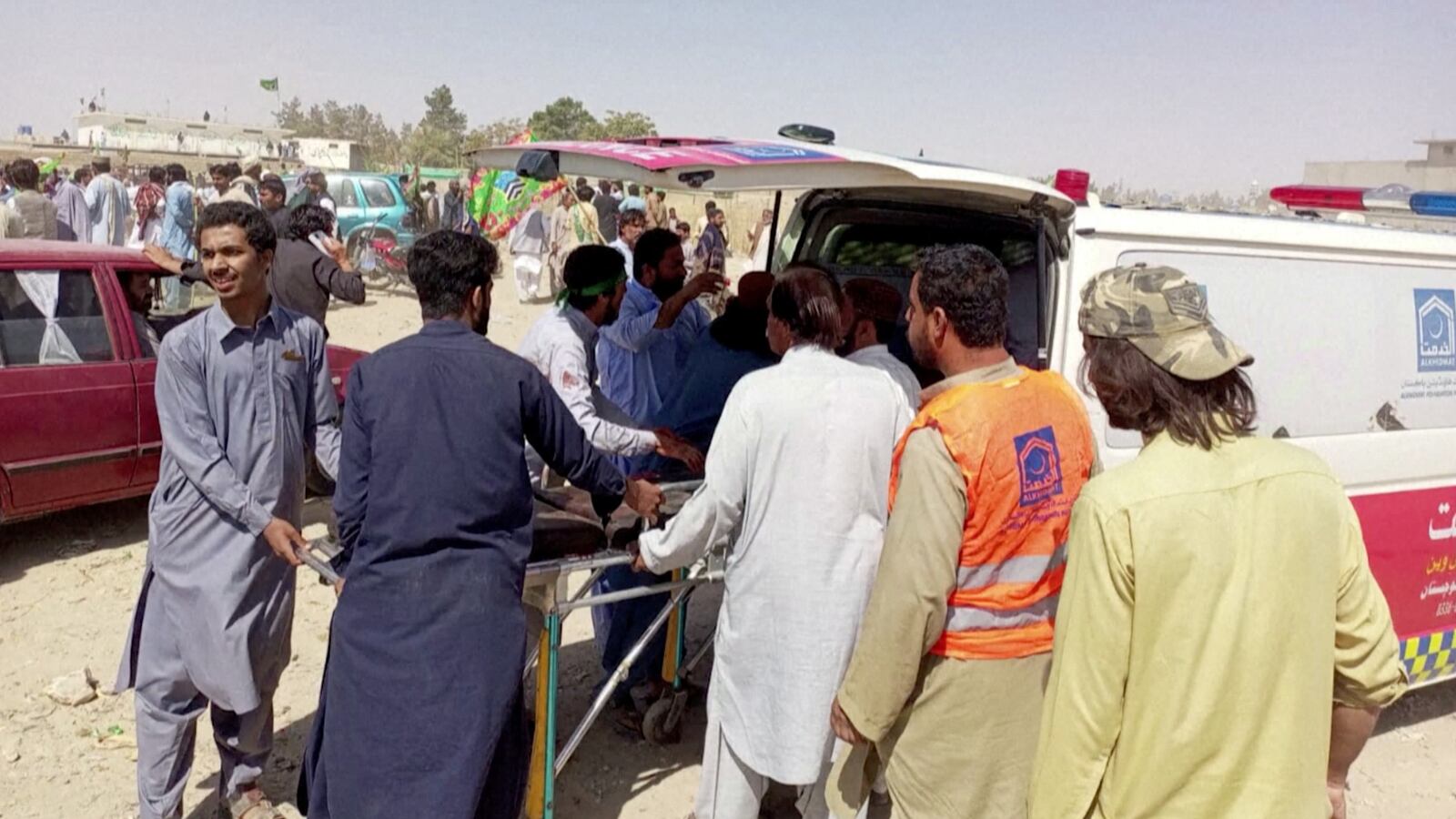 A view of a victim on a stretcher being transferred to an ambulance, following a suicide blast, in Balochistan Province, Pakistan in this screen grab obtained from a video released on Sept. 29, 2023.