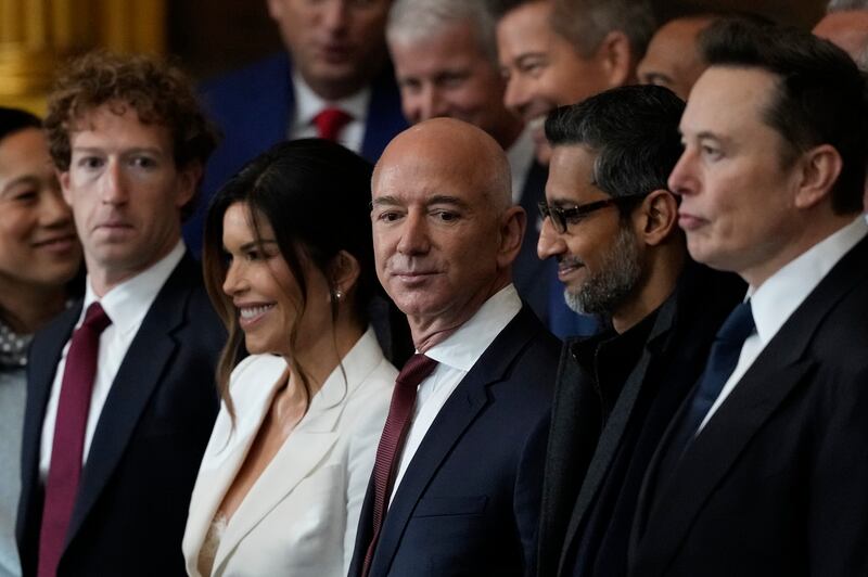 WASHINGTON, DC - JANUARY 20: Guests including Mark Zuckerberg, Lauren Sanchez, Jeff Bezos, Sundar Pichai and Elon Musk attend the Inauguration of Donald J. Trump in the U.S. Capitol Rotunda on January 20, 2025 in Washington, DC. Donald Trump takes office for his second term as the 47th president of the United States. (Photo by Julia Demaree Nikhinson - Pool/Getty Images)