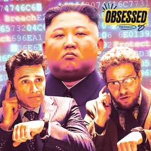 A photo illustration of James Franco, Kim Jong Un, and Seth Rogen.