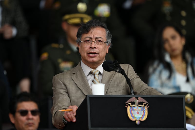 Colombia's President Gustavo Petro delivers a speech during the commemoration of the 134th anniversary of the National Police and the promotion of officers at the General Santander Police Academy in Bogota on November 13, 2025. (Photo by Raul ARBOLEDA / AFP) (Photo by RAUL ARBOLEDA/AFP via Getty Images)