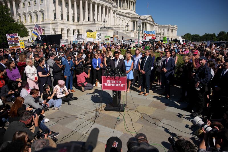 WASHINGTON, DC - SEPTEMBER 03: Rep. Ro Khanna (D-CA) speaks during a news conference with alleged victims of disgraced financier and sex trafficker Jeffrey Epstein outside the U.S. Capitol on September 03, 2025 in Washington, DC. Khanna and Rep. Thomas Massie (R-KY) have introduced the Epstein List Transparency Act to force the federal government to release all unclassified records from the cases of Epstein and his associate, Ghislaine Maxwell. (Photo by Andrew Harnik/Getty Images)