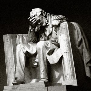 Photo illustration collage inspired by Bill Mauldin's Weeping Lincoln showing the Lincoln Memorial with his head in his hand in sorrow behind ICE agents pepper spraying a woman from the protests in Minneapolis, Minnesota