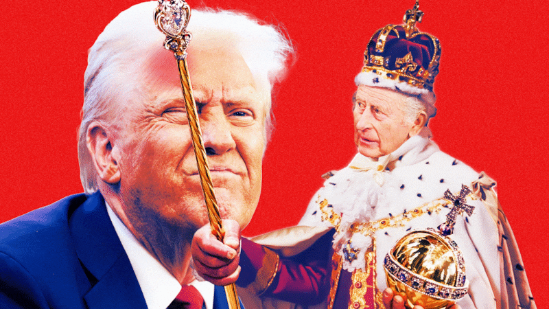An animated gif illo illustration of King Charles smacking Donald Trump with his royal scepter.