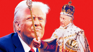 An animated gif illo illustration of King Charles smacking Donald Trump with his royal scepter.