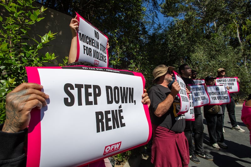 Activists and restaurant workers gather in front of Danish chef Rene Redzepi's Noma Restaurant's $1,500-per-seat pop-up in Los Angeles, on March 11, 2026.