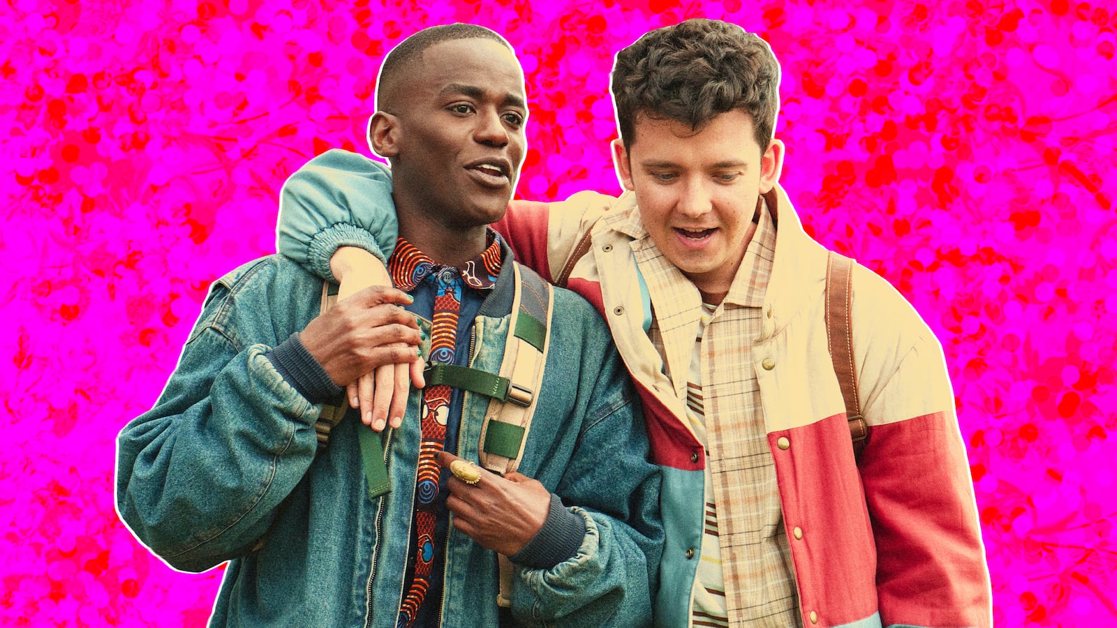 A photo illustration of Ncuti Gatwa as Eric and Asa Butterfield as Otis in Sex Education.