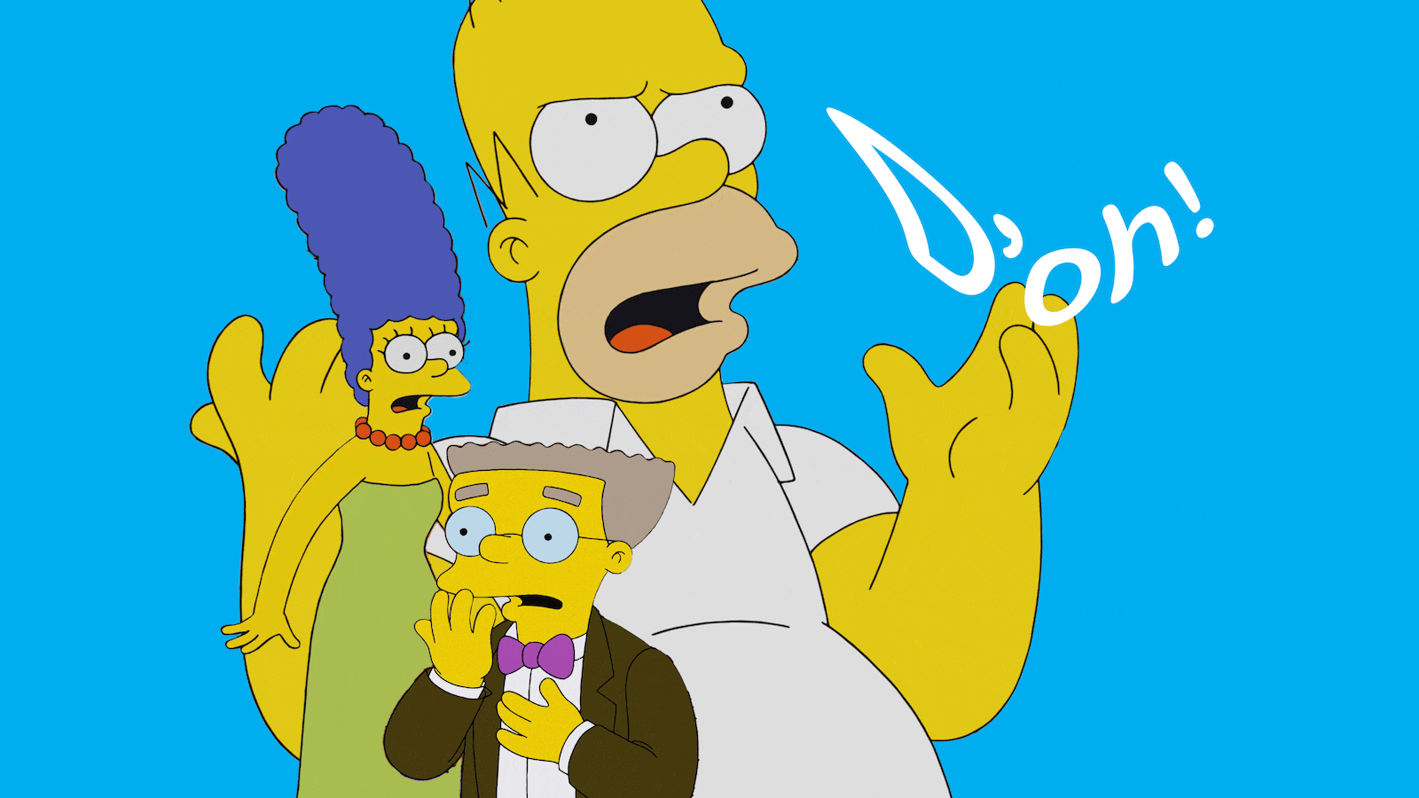 Alt: A photo illustration shows Homer Simpson, Marge Simpson and Smithers with their mouths open. The word ‘D’oh’ flashes into different shapes next to Homer.