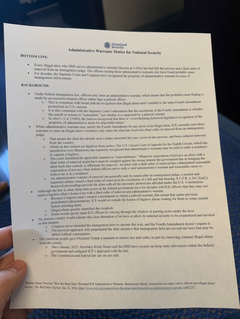 The leaflet, defending ICE's use of administrative warrants, was delivered to Democrats on Capitol Hill and obtained by Migrant Insider.