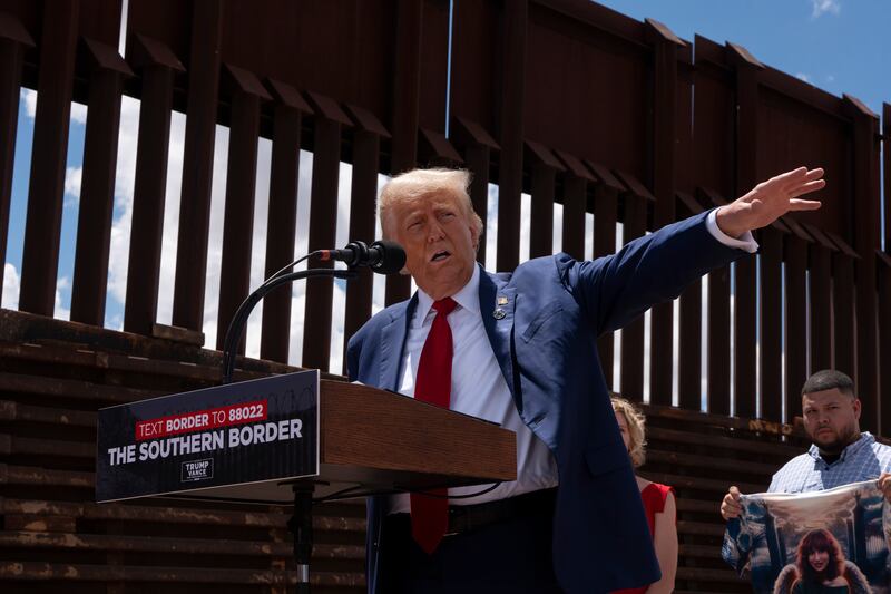 Donald Trump speaks at the U.S.-Mexico border on August 22, 2024 south of Sierra Vista, Arizona.