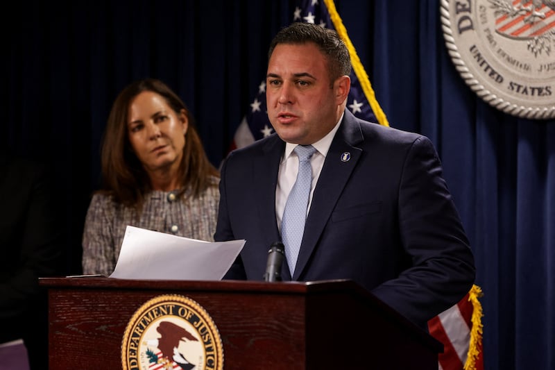 Inspector General for the Department of Labor Anthony P. D’Esposito addresses the media at a press conference in connection with an alleged fraud scheme involving SNAP benefits, in Boston, Massachusetts, U.S., February 3, 2026.