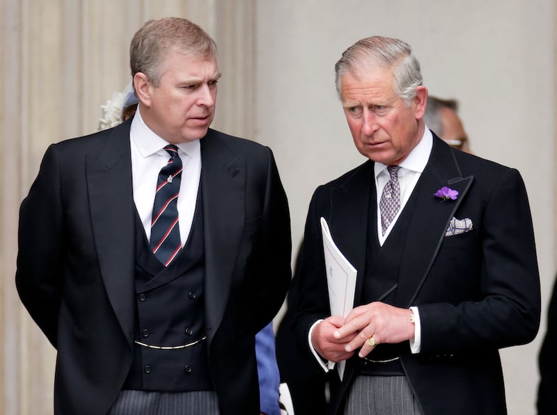Prince Andrew, Duke of York and Prince Charles, Prince of Wales attend a Service of Thanksgiving to celebrate Queen Elizabeth II's Diamond Jubilee at St Paul's Cathedral on June 5, 2012 in London, England.