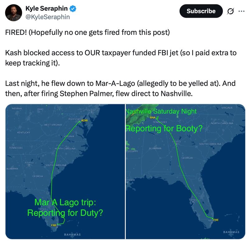 Kyle Seraphin posts Kash Patel's flight path.