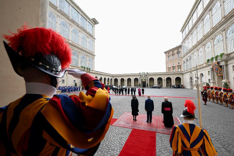 King Charles III and Queen Camilla arrive at San Damaso courtyard for an audience and a prayer with Pope Leo XVI on October 23, 2025 in Vatican City