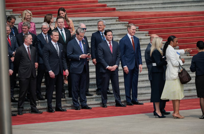 Trump's delegation to Beijing including U.S. Secretary of State Marco Rubio, U.S. Treasury Secretary Scott Bessent, U.S. Secretary of Defense Pete Hegseth, U.S. Trade Representative Jamieson Greer, Jensen Huang, Founder, President and CEO of Nvidia, Elon Musk, Apple CEO Tim Cook