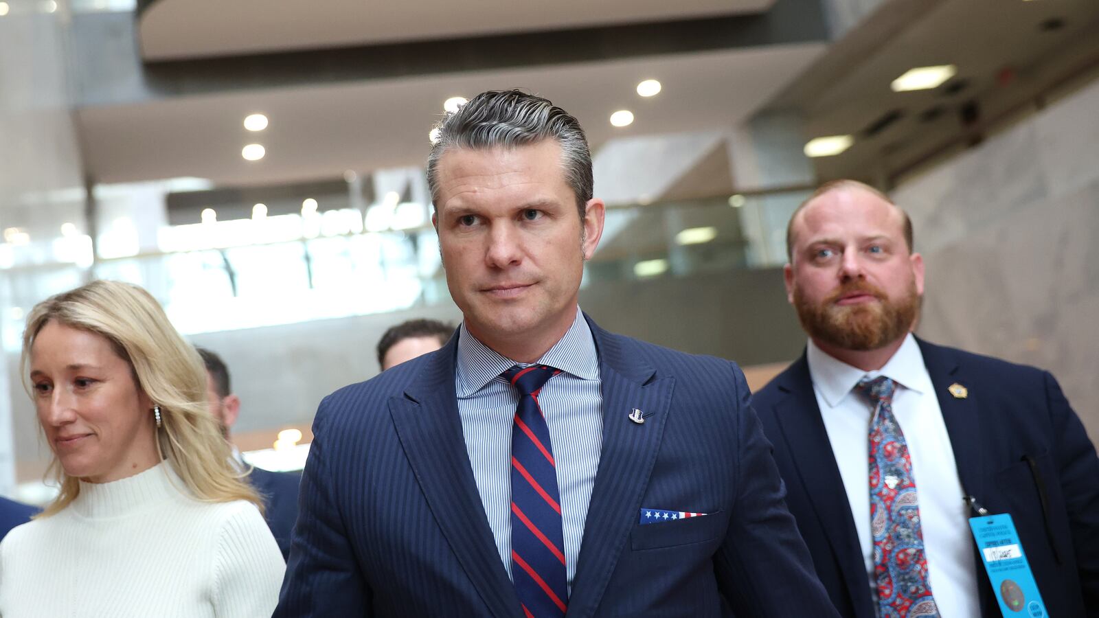 Pete Hegseth attends meetings at the Hart Senate Office Building earlier this month.