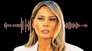 An animated GIF illustration illo of Melania Trump in front of sound waves.
