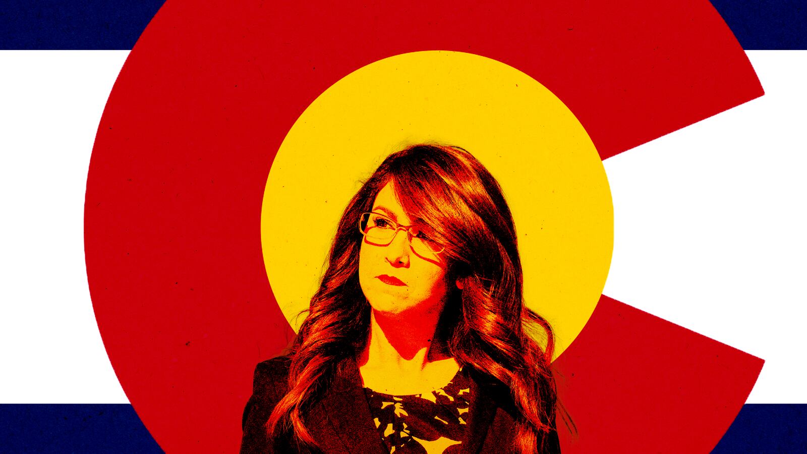 A photo illustration of Rep. Lauren Boebert and the Colorado flag.