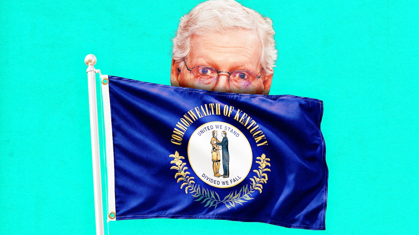 A photo illo illustration of Mitch McConnell and the Kentucky flag.