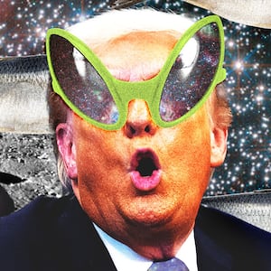 Illo illustration of Donald Trump wearing alien sunglasses with red herrings swimming around him on top of aliens, planets, and general outer space background