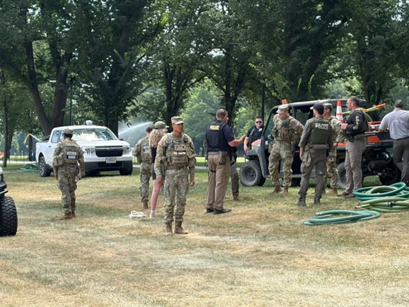 A woman surrounded by U.S. Park Police officers. U.S. Marshals and members of the National Guard near the Lincoln Memorial Reflecting Pool on June 22, 2026.