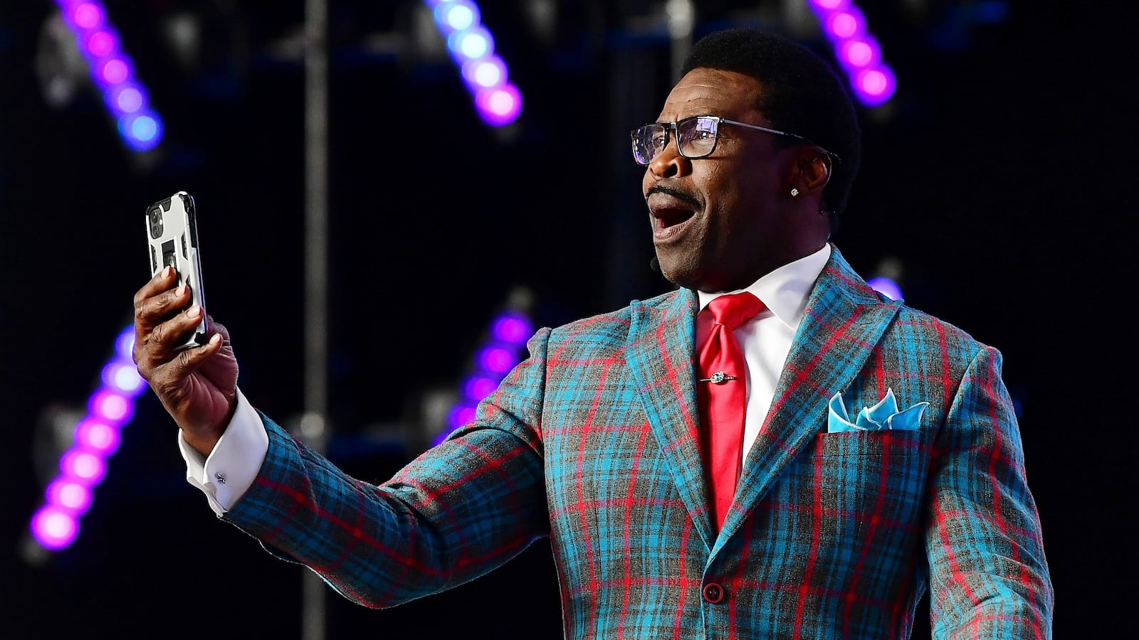 Michael Irvin on stage before the first round of the 2022 NFL Draft at the NFL Draft Theater.