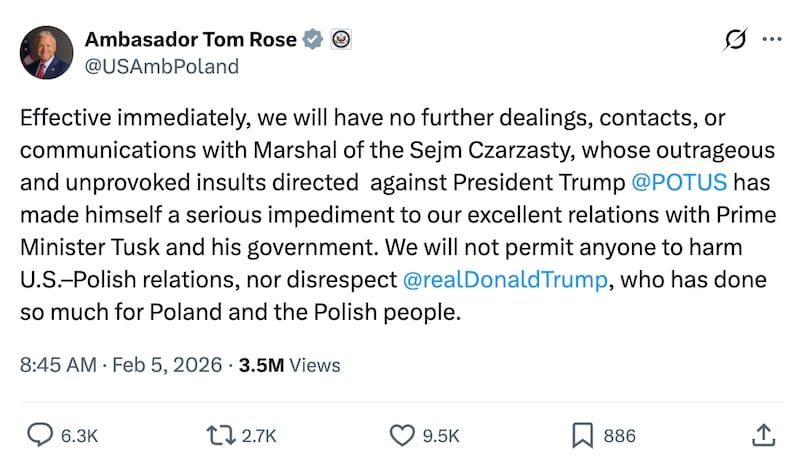 An X post from US Ambassador Tom Rose attacking Włodzimierz Czarzasty for his comments regarding President Donald Trump.