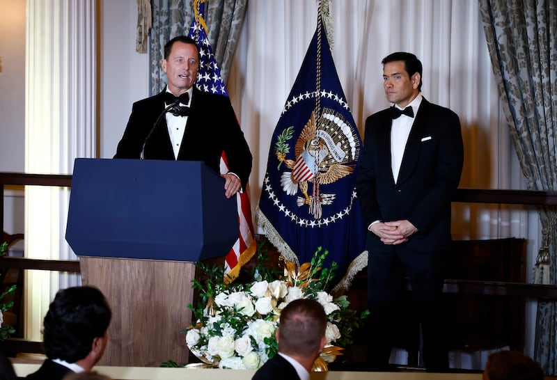 Ambassador Richard Grenell (L), Kennedy Center President, and U.S. Secretary of State Marco Rubio (R) onstage at the 48th Kennedy Center Honors Medallion Reception.