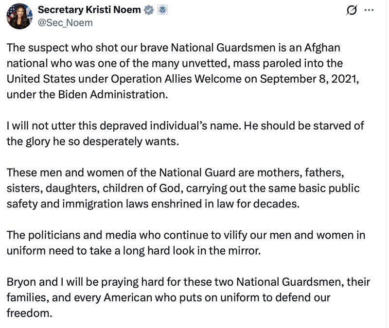 Kristi Noem posts on X after the D.C. shooting.