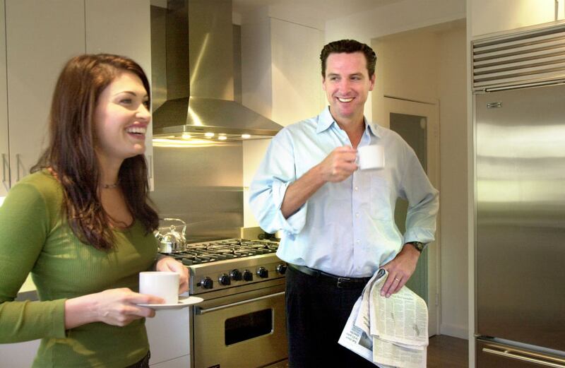 Gavin Newsom at home in the kitchen with wife, Kimberly Guilfoyle Newsom.