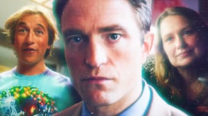 A photo illustration of Robert Pattinson, Skyler Gisondo, and Meritt Weaver in Primetime.