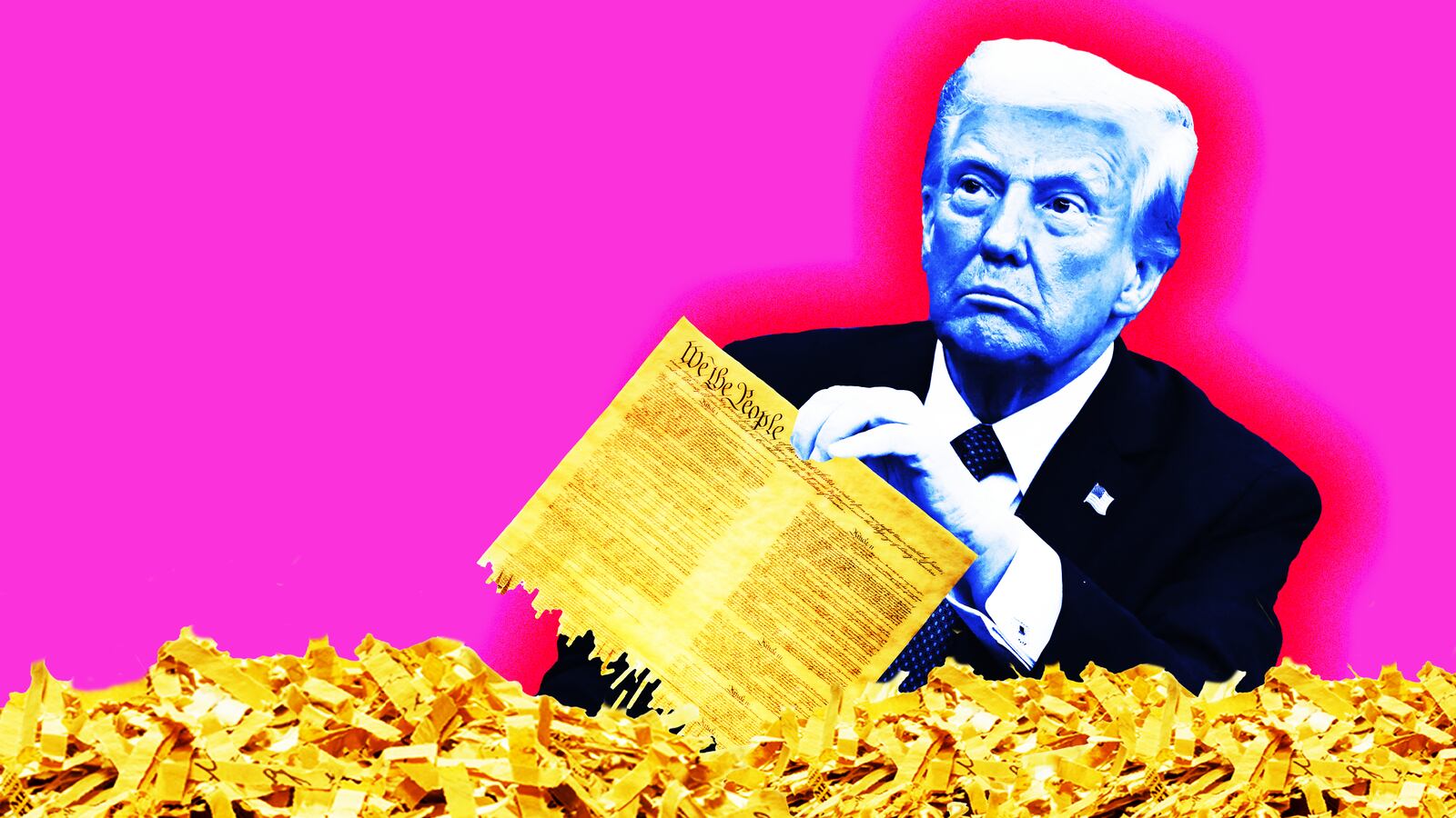 Donald Trump holding a shredded copy of the US Constitution, illustration