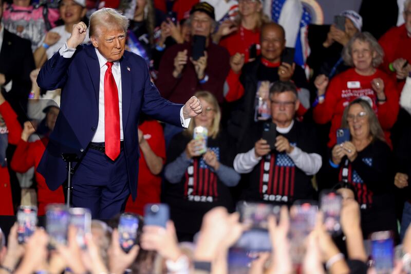President Donald Trump dances after speaking at a rally at Circa Resort & Casino on January 25, 2025 in Las Vegas, Nevada.