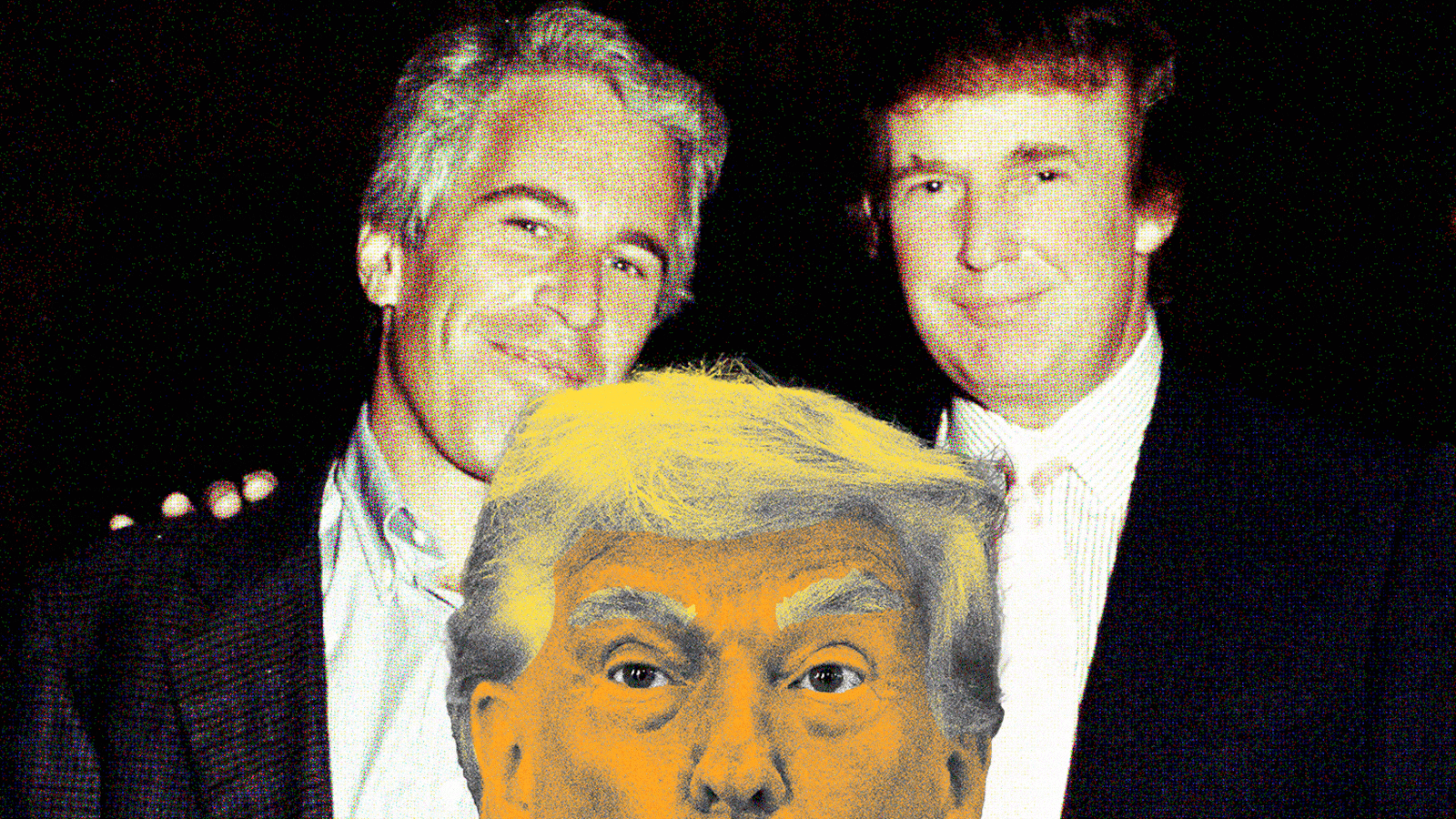 Donald Trump with a shocked face moving up and down in front of an image of him and Jeffrey Epstein