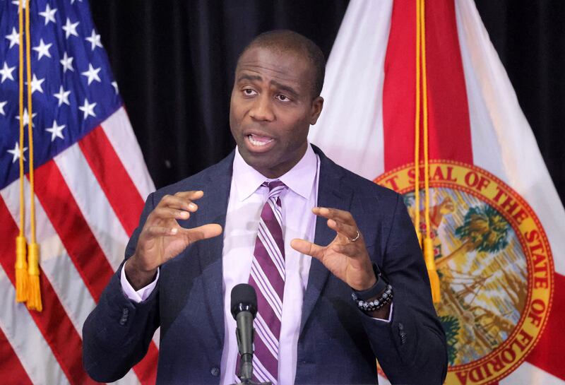 Florida Surgeon General Dr. Joseph Ladapo delivers remarks during a bill-signing ceremony with Florida Gov. Ron DeSantis on  April 8, 2024, in Sanford, Florida. Ladapo, a health care skeptic who has been mentioned for possible jobs in the Trump administration, issued an advisory Friday, Nov. 22, 2024, calling on Florida communities to stop fluoridating their water supplies.(Joe Burbank/Orlando Sentinel/Tribune News Service via Getty Images)