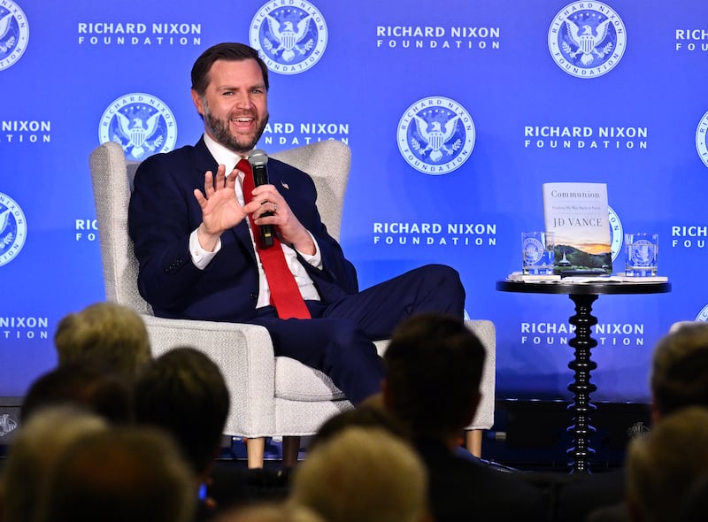Vice President JD Vance chats with James Byron, President and CEO of the Richard Nixon Foundation, about his new book, "Communion: Finding My Way Back to Faith" during a visit to the Richard Nixon Presidential Library & Museum on Thursday, June 25, 2026, in Yorba Linda.