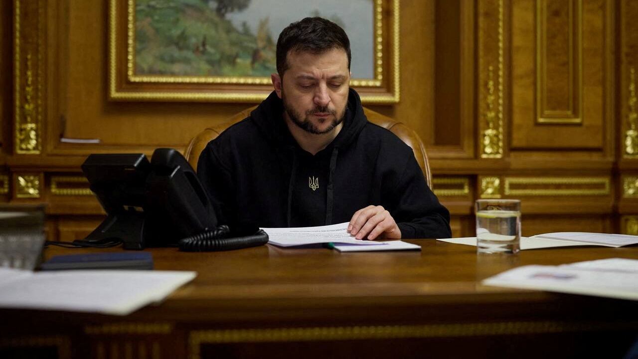 Volodymyr Zelensky speaks with German Chancellor Olaf Scholz (not pictured) via phone line in Kyiv, Ukraine, Jan. 25, 2023.
