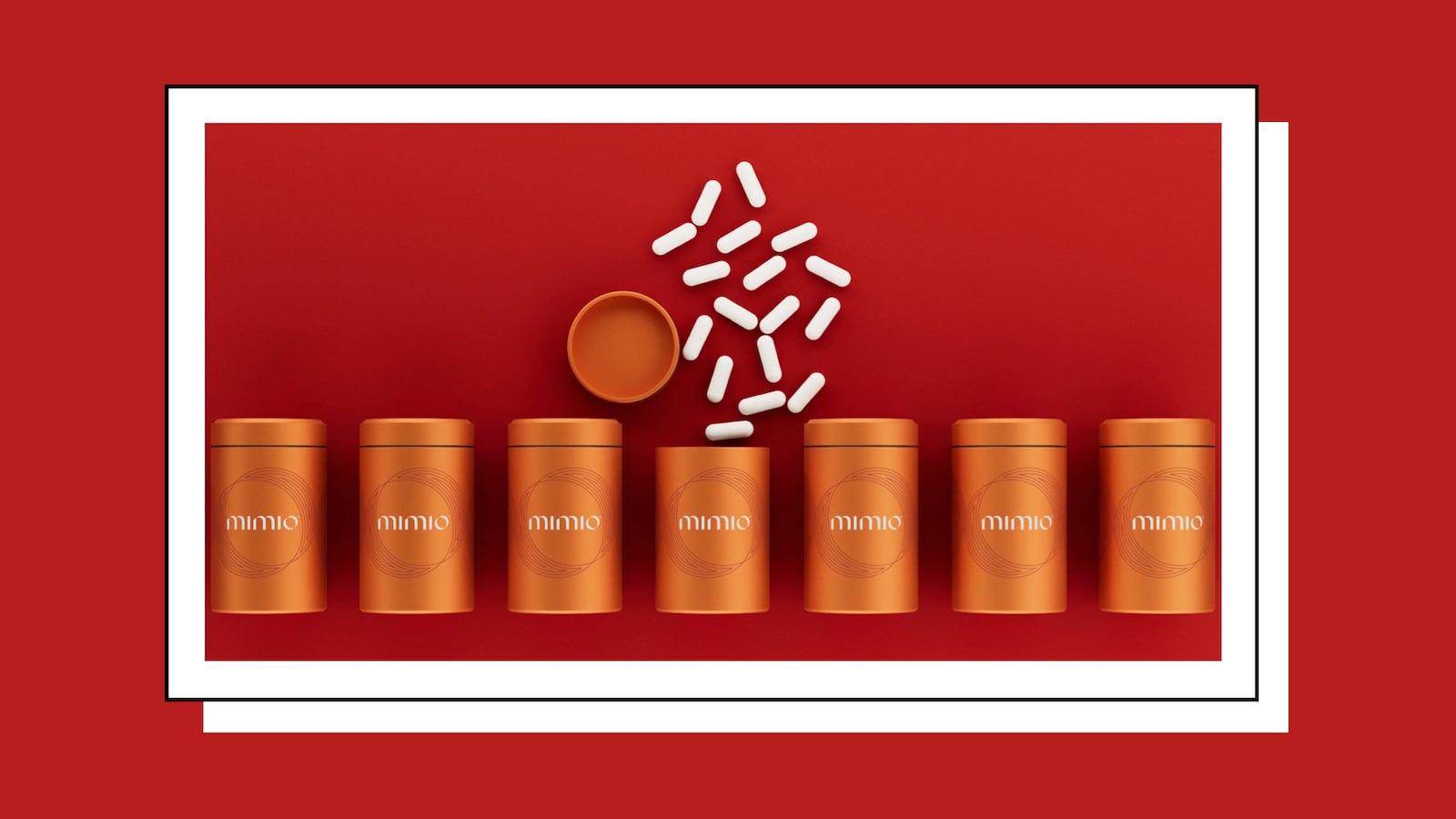 Row of pill bottles of Mimio Biomimetic Cell Care by Mimio Health