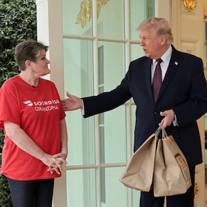 Trump received a McDonald's delivery from DoorDash driver Sharon Simmons outside the Oval Office on Monday.
