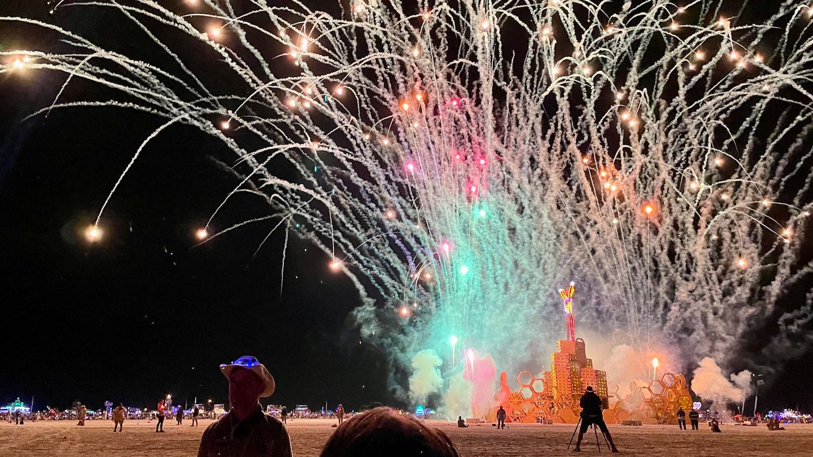 A security guard keeps people back during the annual Burning Man Festival on September 4, 2023.