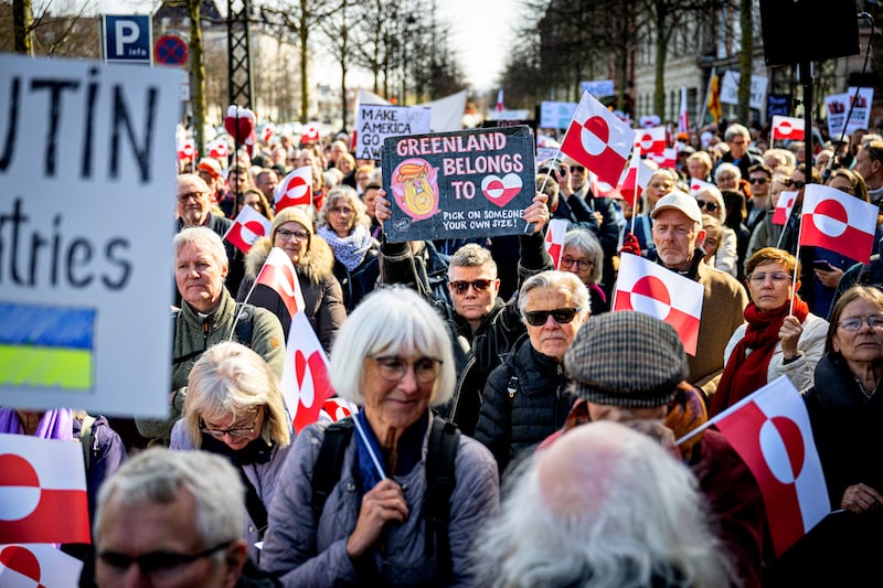 People protest against the American pressure taking place against Greenland and Denmark, in front of the American Embassy in Copenhagen on March 29, 2025.
