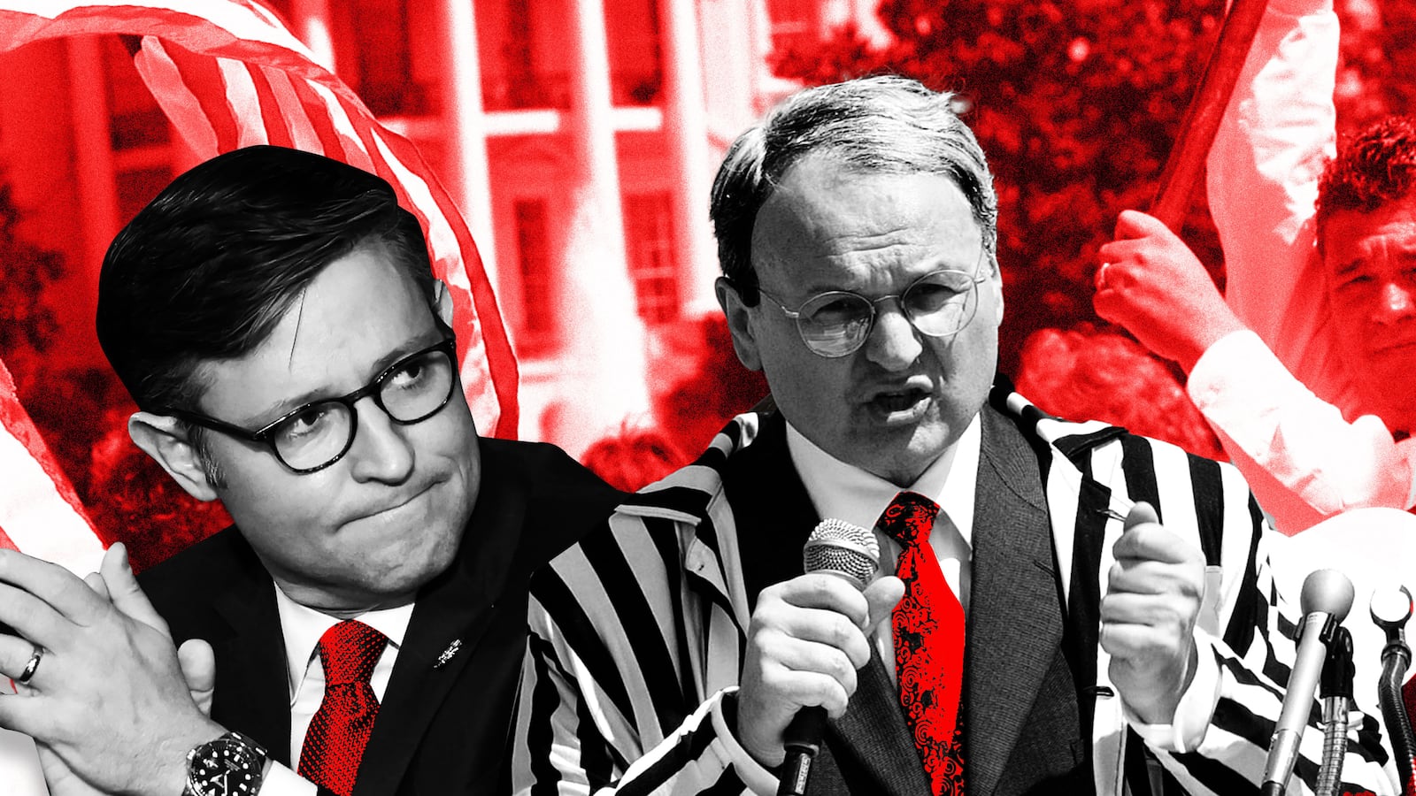 An illustration including photos of Mike Johnson and Morton Klein, president of right-wing pro-Israel Zionist Organization of America