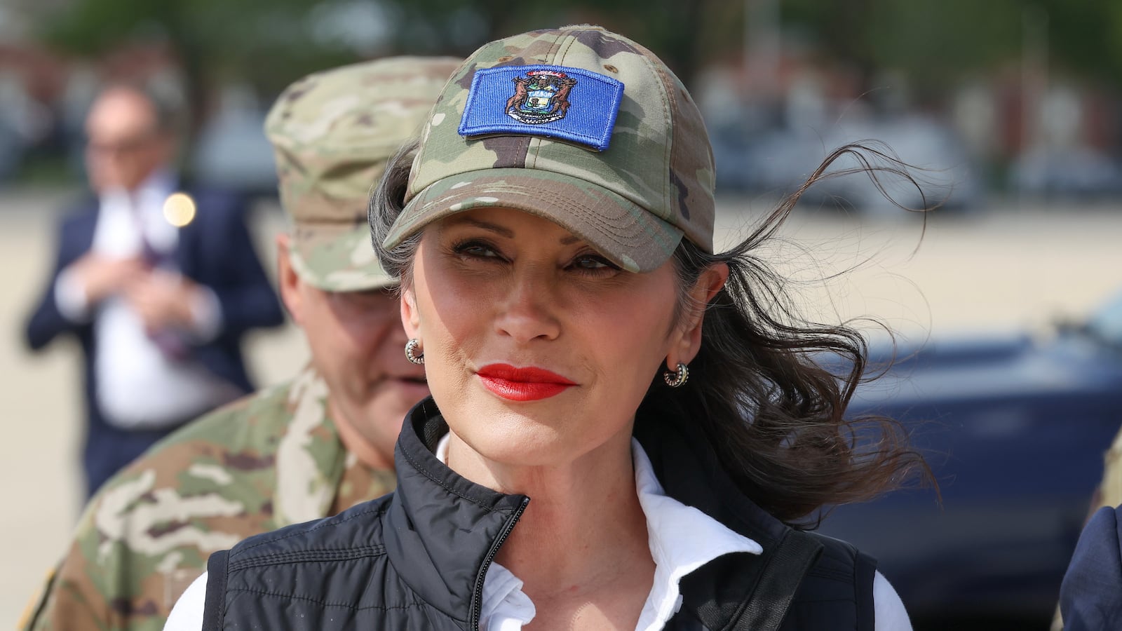 Michigan Gov. Gretchen Whitmer arrives to greet President Donald Trump at the Selfridge air base