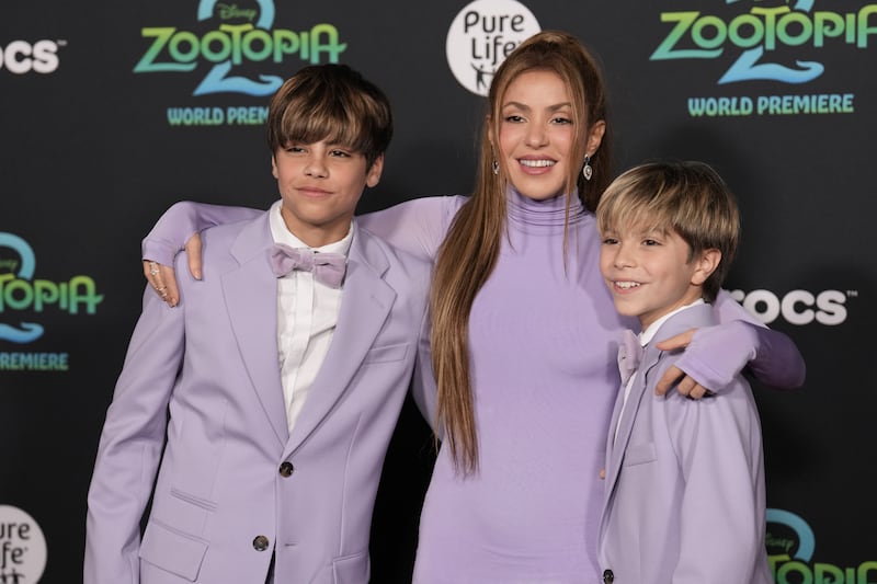 Milan Piqué Mebarak, Shakira, and Sasha Piqué Mebarak attend the premiere of Walt Disney Studios' "Zootopia 2"