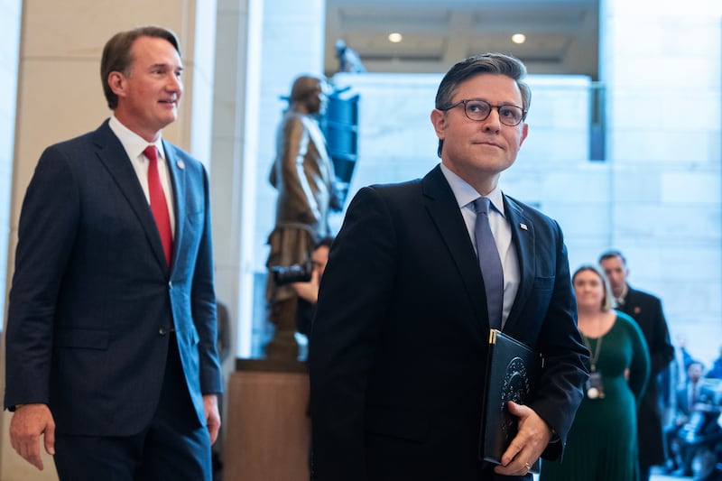UNITED STATES - DECEMBER 16: Speaker of the House Mike Johnson, R-La., right, and Virginia Governor Glenn Youngkin attend an unveiling ceremony for the Barbara Rose Johns statue in Emancipation Hall on Tuesday, December 16, 2025. In 1951, Johns led a protest against segregation and poor conditions at her Farmville, Va., school, which led to desegregation. (Tom Williams/CQ-Roll Call, Inc via Getty Images)
