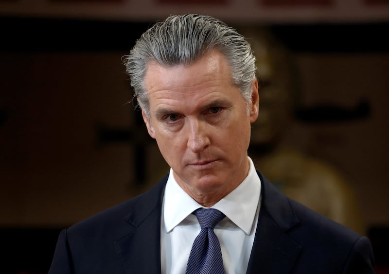 California Governor Gavin Newsom looks on during a press conference at Friendship House Association of American Indians on January 16, 2026, in San Francisco, California.