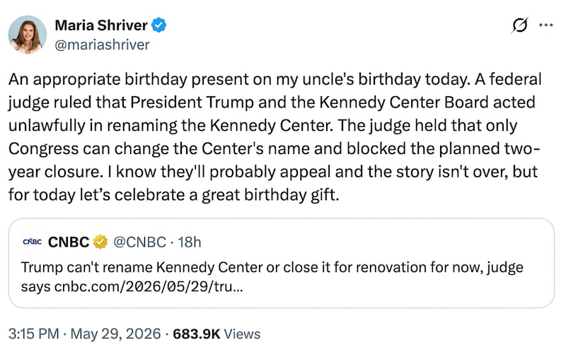 Maria Shriver, JFK's niece, celebrates the legal win on her uncle's birthday.